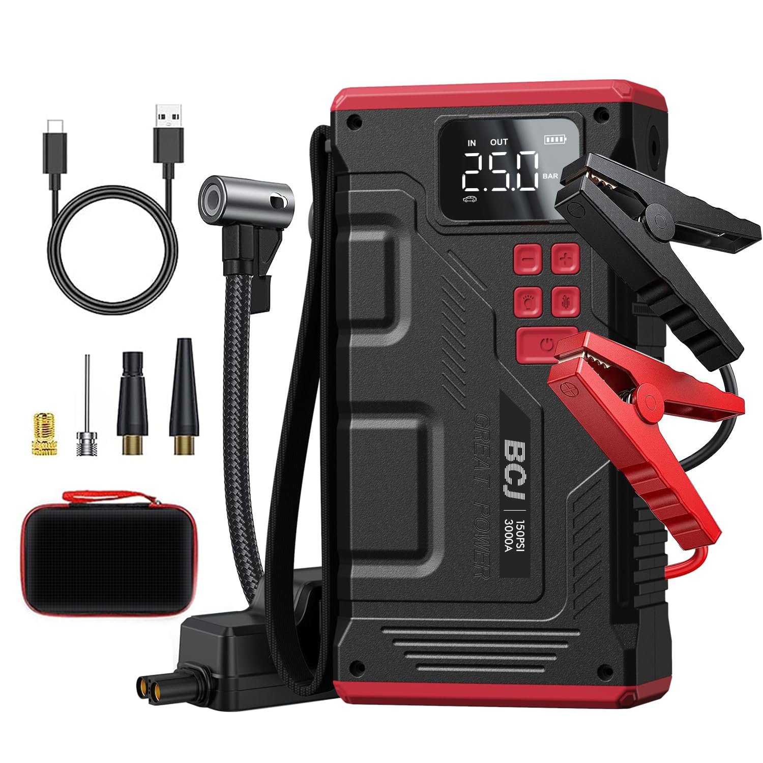 BCJ 2024 Nuevo Arrancador de Coche con Compresor de Aire, Arrancador de Batería Portátil 3000A Pico 150 PSI Inflador Digital de Neumáticos, Cargador de Batería Portátil para 12V (10L Gas/8L Diesel) (Negro, 3000A)