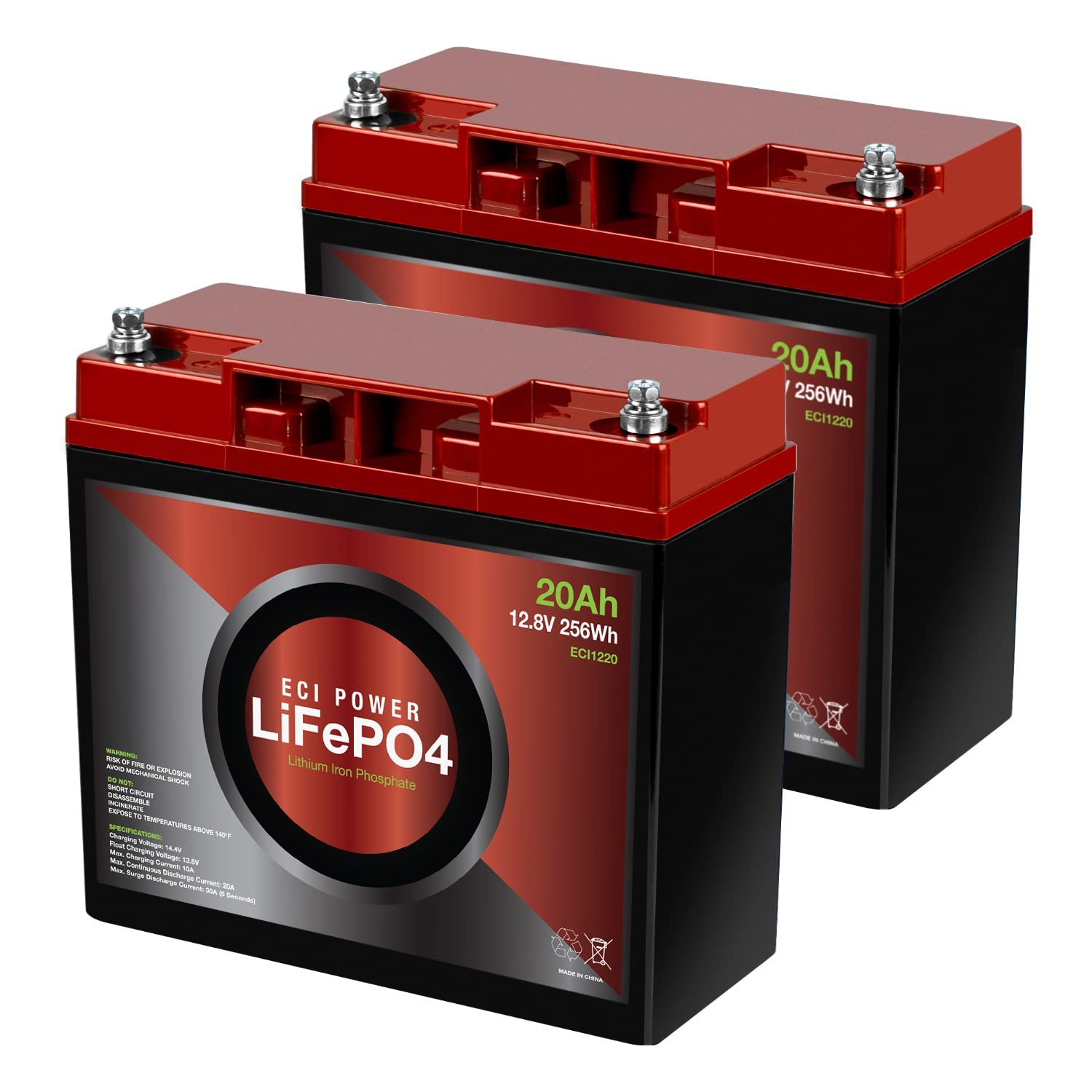 2 Pack ECI Power 12V 20Ah Batería de Litio LiFePO4 de Ciclo Profundo Recargable | 2000-5000 Ciclos de Vida & Vida Útil de 10 Años | BMS Incorporado | Perfecto para Aplicaciones de RV, Solar, Marino, Overland, Off-Grid
