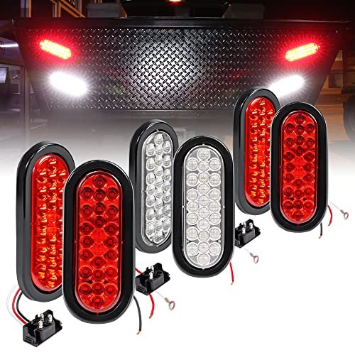 Kit de luces traseras para remolque LED ovaladas TRUE MODS 4 rojas + 2 blancas [DOT FMVSS 108] [24 LED] [Juntas y Conectores] [IP67 Impermeable] [Luces de Freno de Parada de giro Reversas] Luces Traseras de Remolque para Barco Marino RV Camión