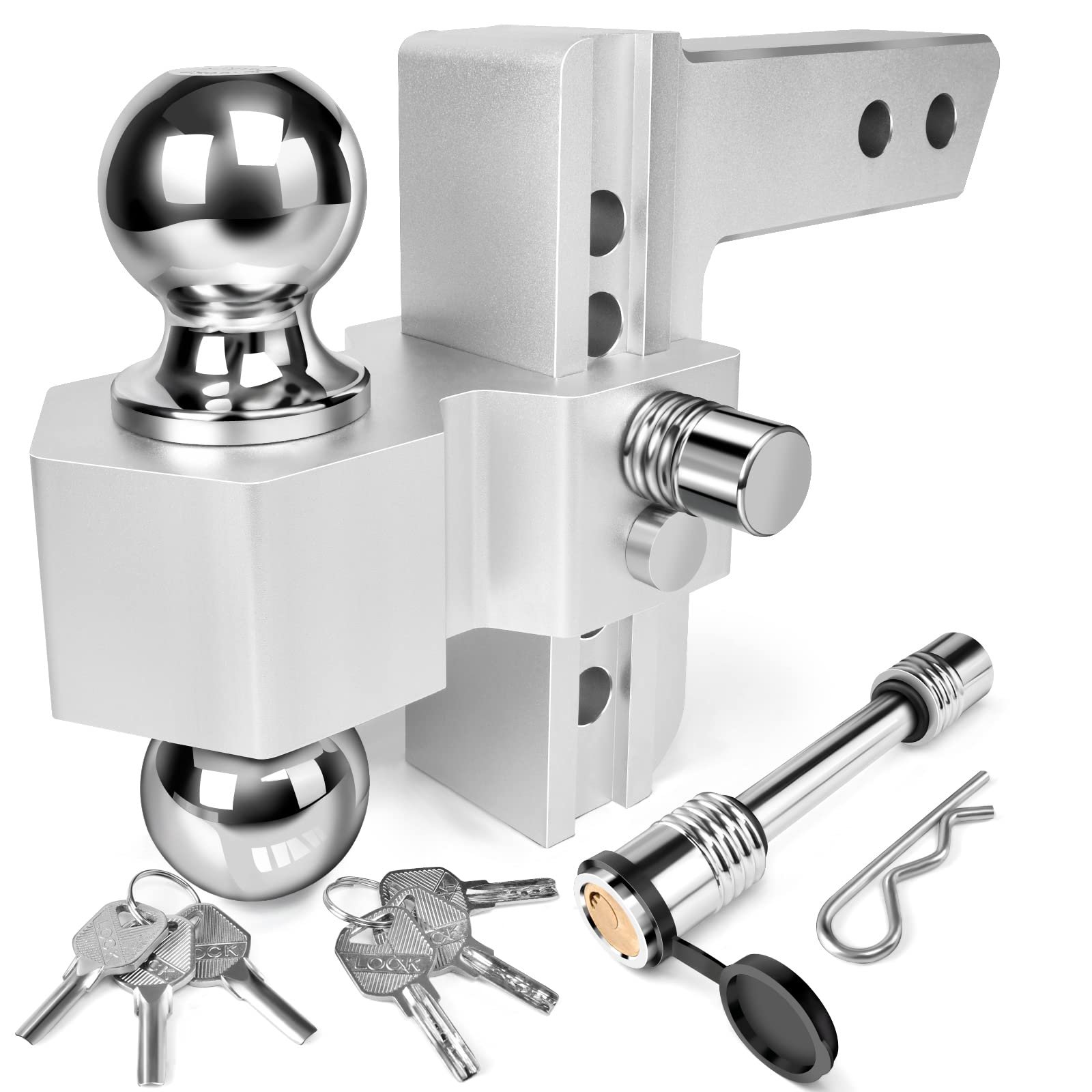 Remolque ajustable Tlvuvmo - Enganche de 6 pulgadas de caída (para receptor de 2 pulgadas), Enganche de remolque de aluminio de 12,500 LBS GTW, (2" y 2-5/16") Montaje de bola de acero cromado y pasadores de enganche con cerradura antirrobo