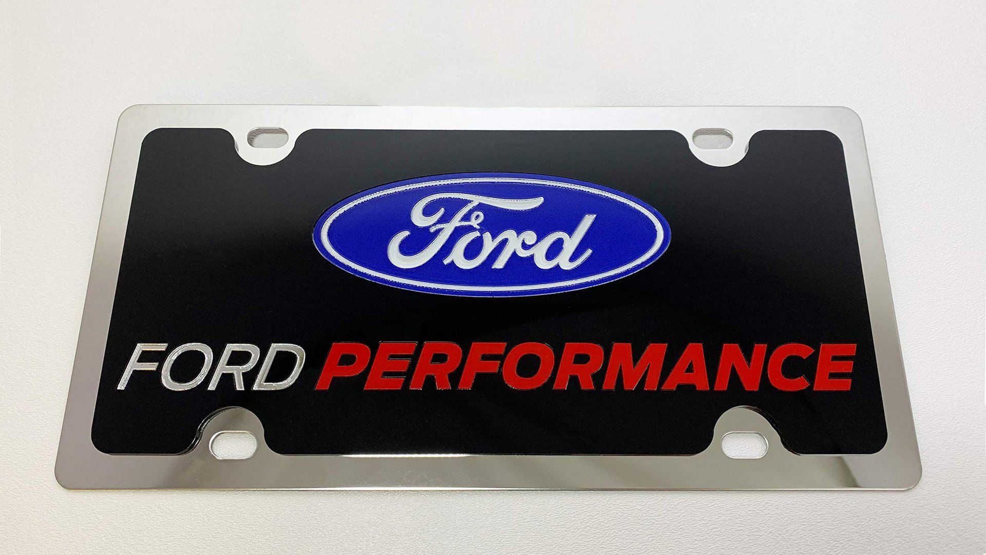 Placa de matrícula de acero inoxidable - Compatible con -, Ford Performance L/W Logo UV Azul, Ford Espejo y Palabra Performance Rojo