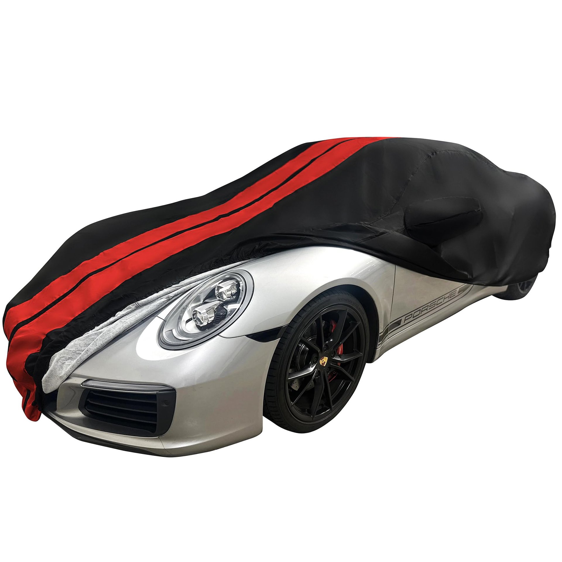 Cubierta de Coche Interior/Exterior para Porsche 911 2012-2025 - Ultraguard Plus 300 Denier Resistente al Agua Protección UV para Porsche 911 Carrera/Targa/4S/GTS/Turbo/Turbo S (Negro con Rayas Rojas)