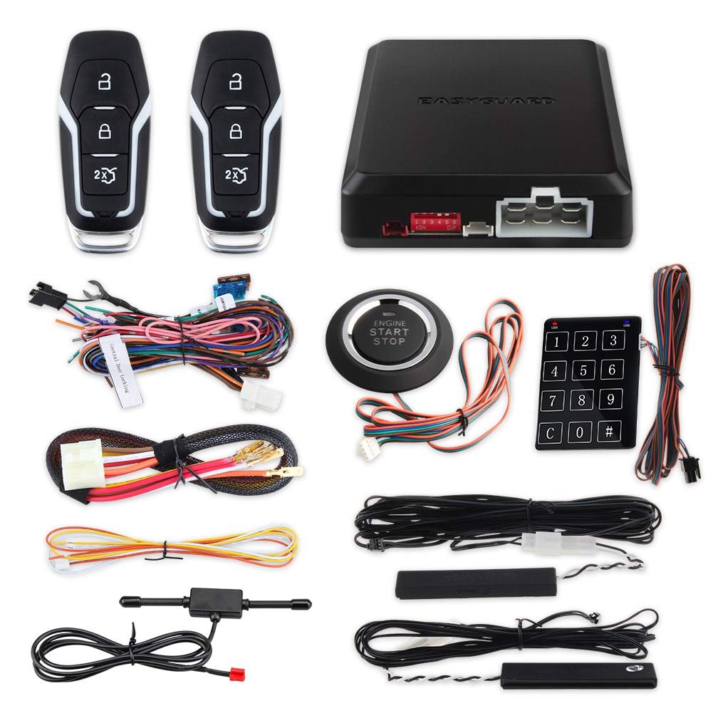Alarma de coche EASYGUARD EC002-FO2 con llave inteligente PKE, Entrada Pasiva, Botón de Encendido, auto Play, Inicio sin llave, Teclado de Contraseña táctil Entrada DC12V