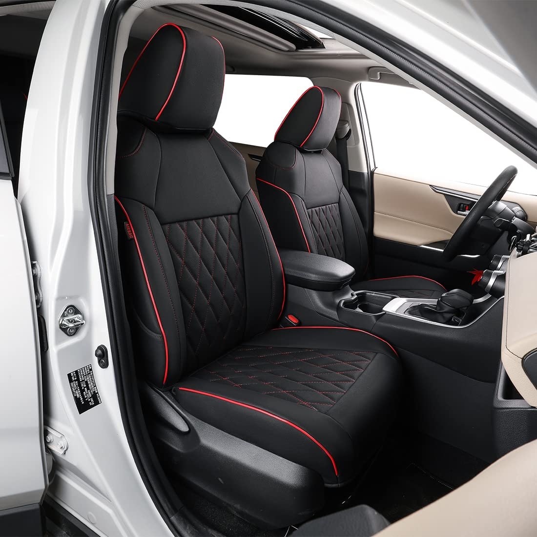 Funda de asiento EKR para Toyota Corolla 2020 2021 2022 L LE, Juego completo de fundas de asiento para automóvil personalizadas, Fundas de asiento con calefacción para automóviles, Protector de asiento impermeable, Funda de asiento de cuero (Negro con ribete rojo)