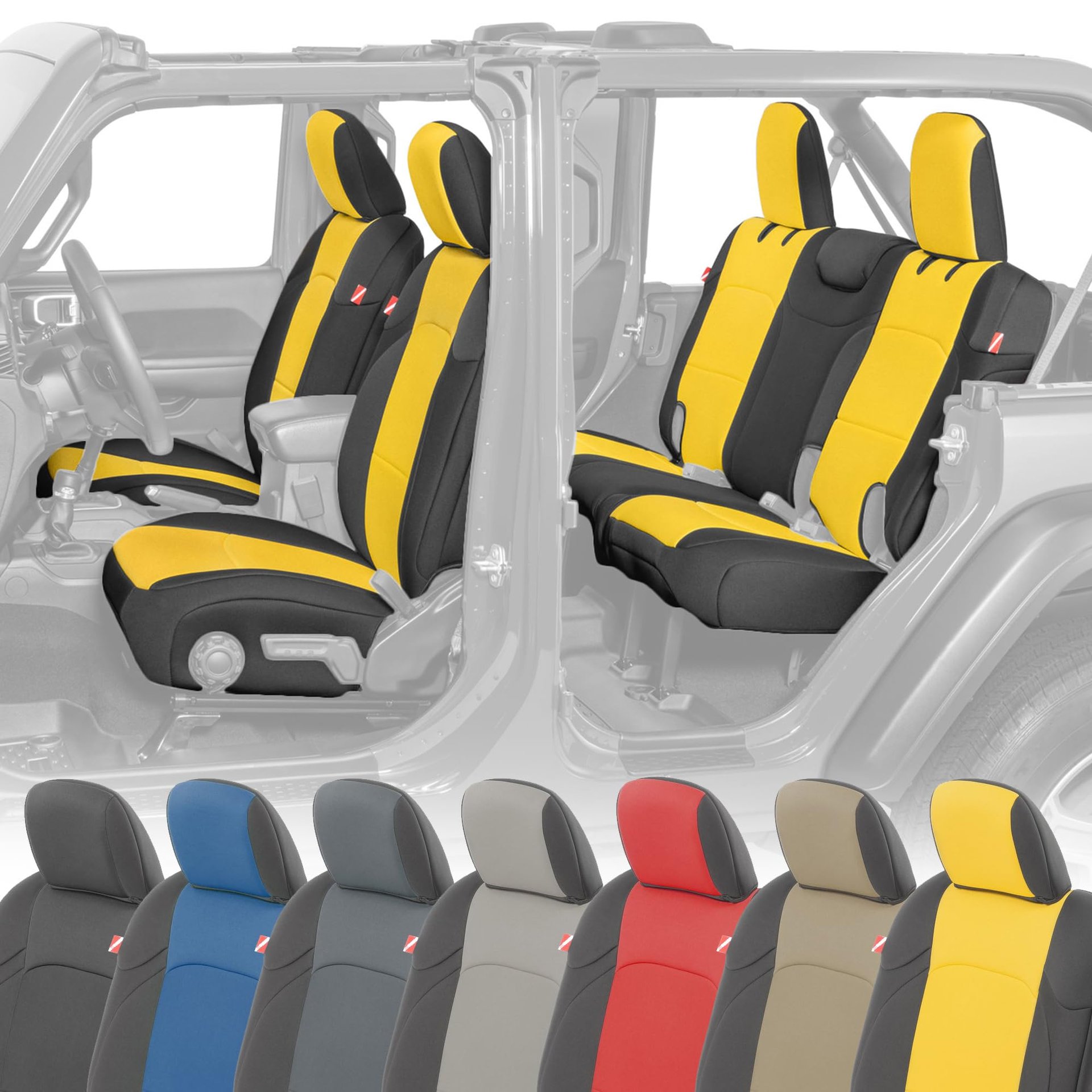 Conjunto de Fundas de Asiento de Neopreno Diver Down - Compatible con Jeep JL 4-Puertas 2018-2022 Wrangler - Juego de Fundas para Asientos Delanteros y Traseros - Fundas de Asiento Impermeables a Medida, Cojín Suave y Térmicamente Resistente (Amarillo, Asientos de Cuero)