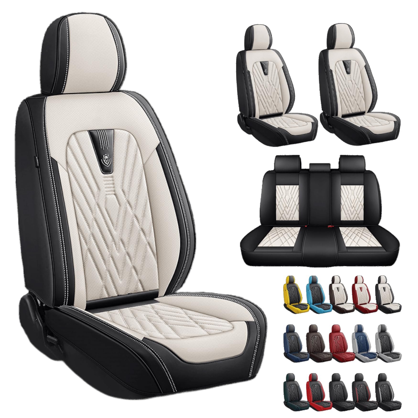 Fundas Universales para Asientos de Coche de Cuero Nappa Impermeables y Transpirables Ajuste Universal para la mayoría de Sedanes SUV Camionetas Protectores Cojines (Beige Negro, Juego Completo 5 Asientos)