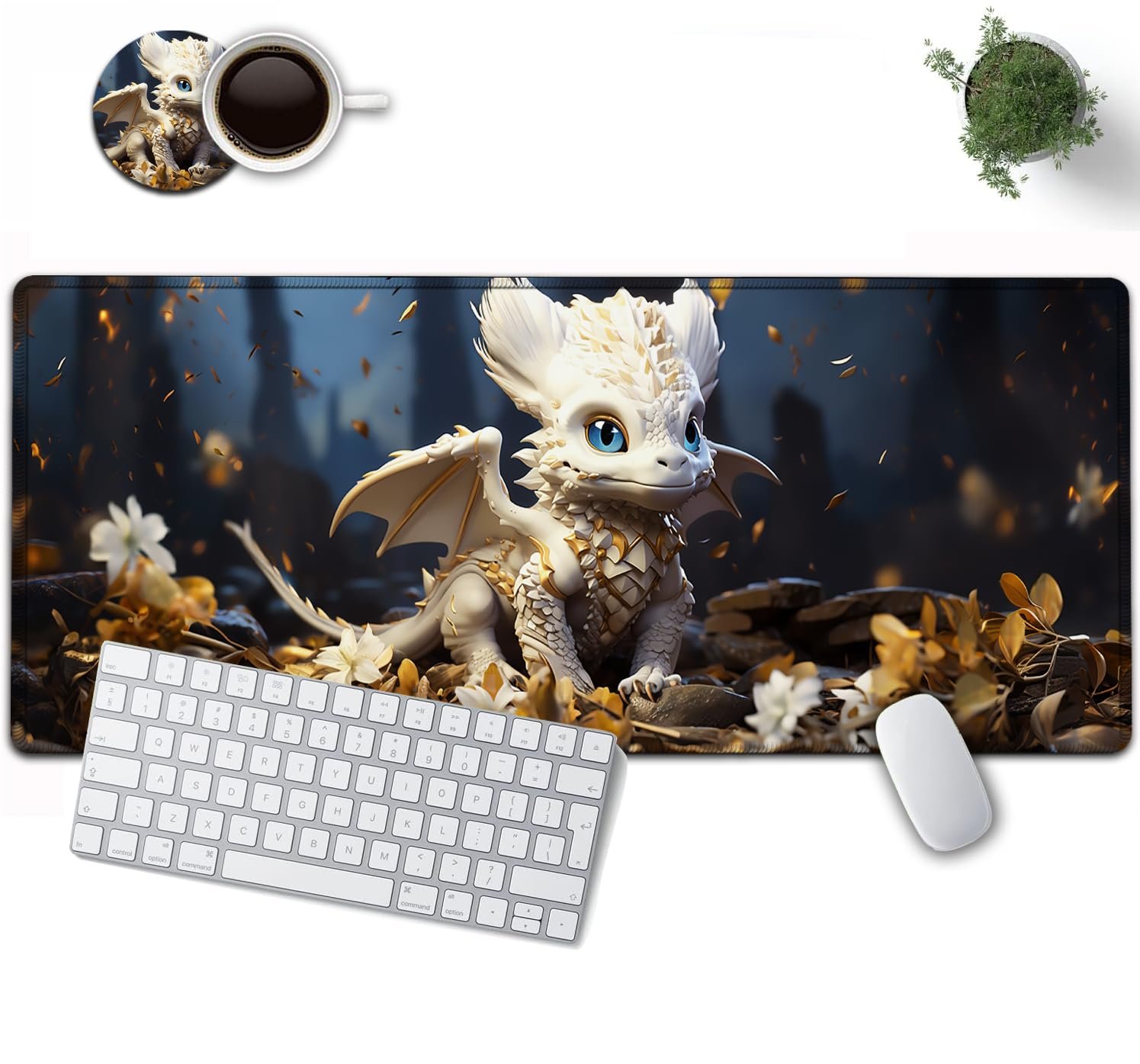Mousepad XL 80x30 cm – Dragón blanco, base antideslizante